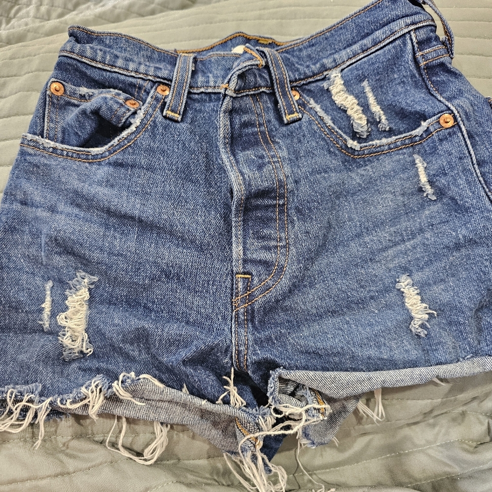 High-Rise Distressed Denim Jean Shorts in Medium Blue